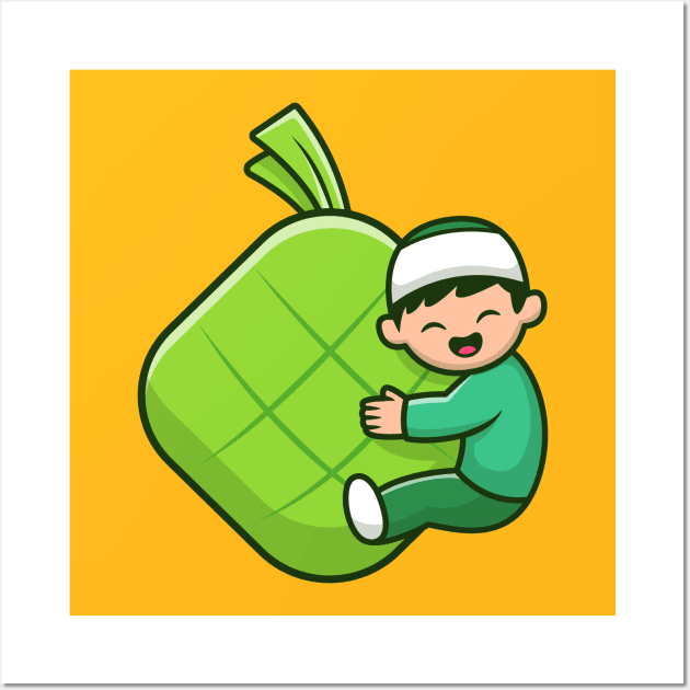 Cute Moslem Boy Hugging Ketupat Food Wall Art by Catalyst Labs